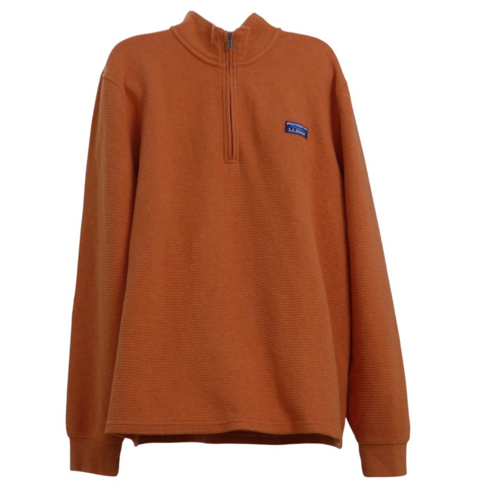 LL Bean Quarter Zip Pullover Large Burnt Orange Ribbed Knit Mock Neck Logo Mens